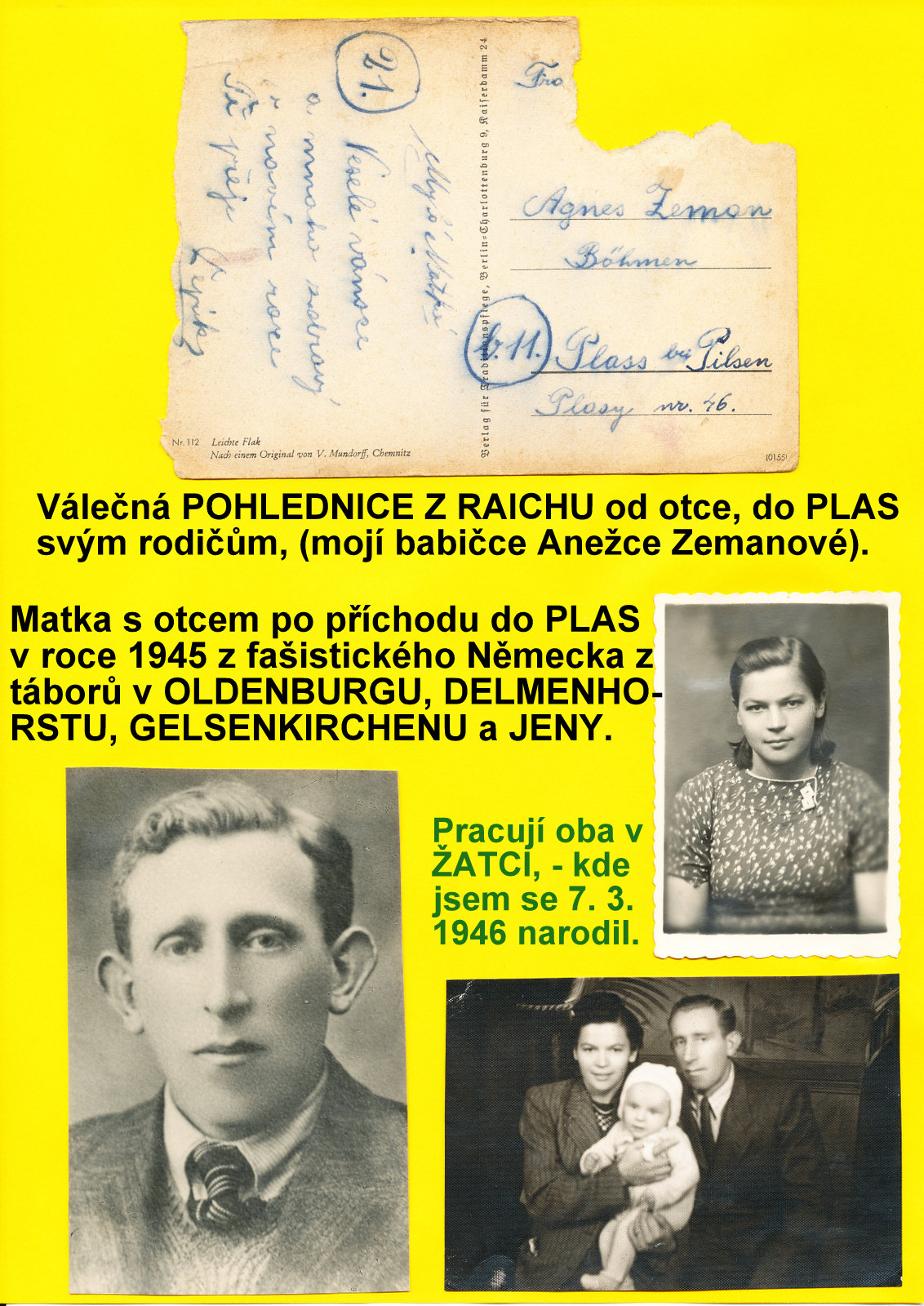 Pozdrav z RAICHU do PLAS. Dobové fotky r. 1945 matka a otec + narozený Pepíček 7.3.1946