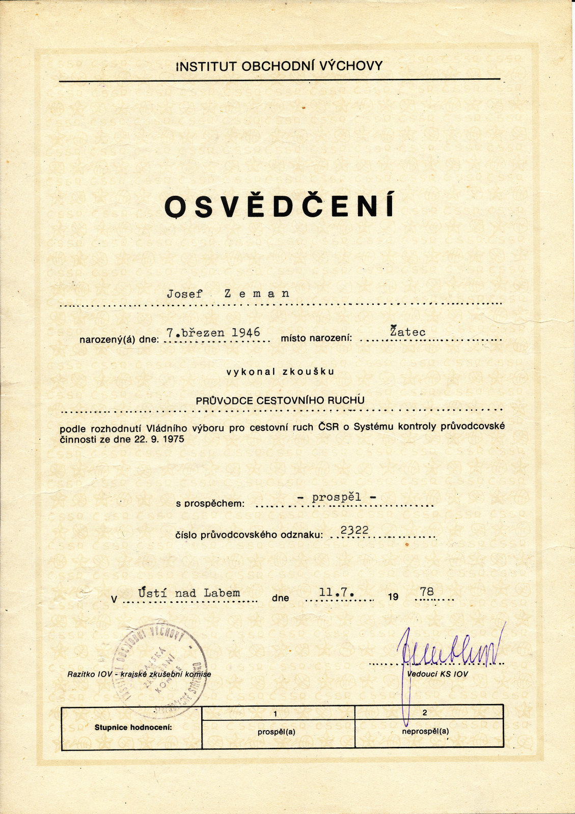OSVĚDČENÍ - PRŮVODCE - 1978