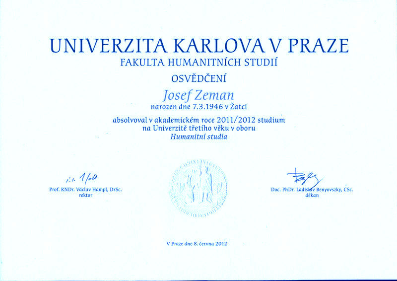 UK PRAHA - Certifikace - Osvědčení -  FAKULTA HUMANINTNÍ - 8.6. 2012 - barevně