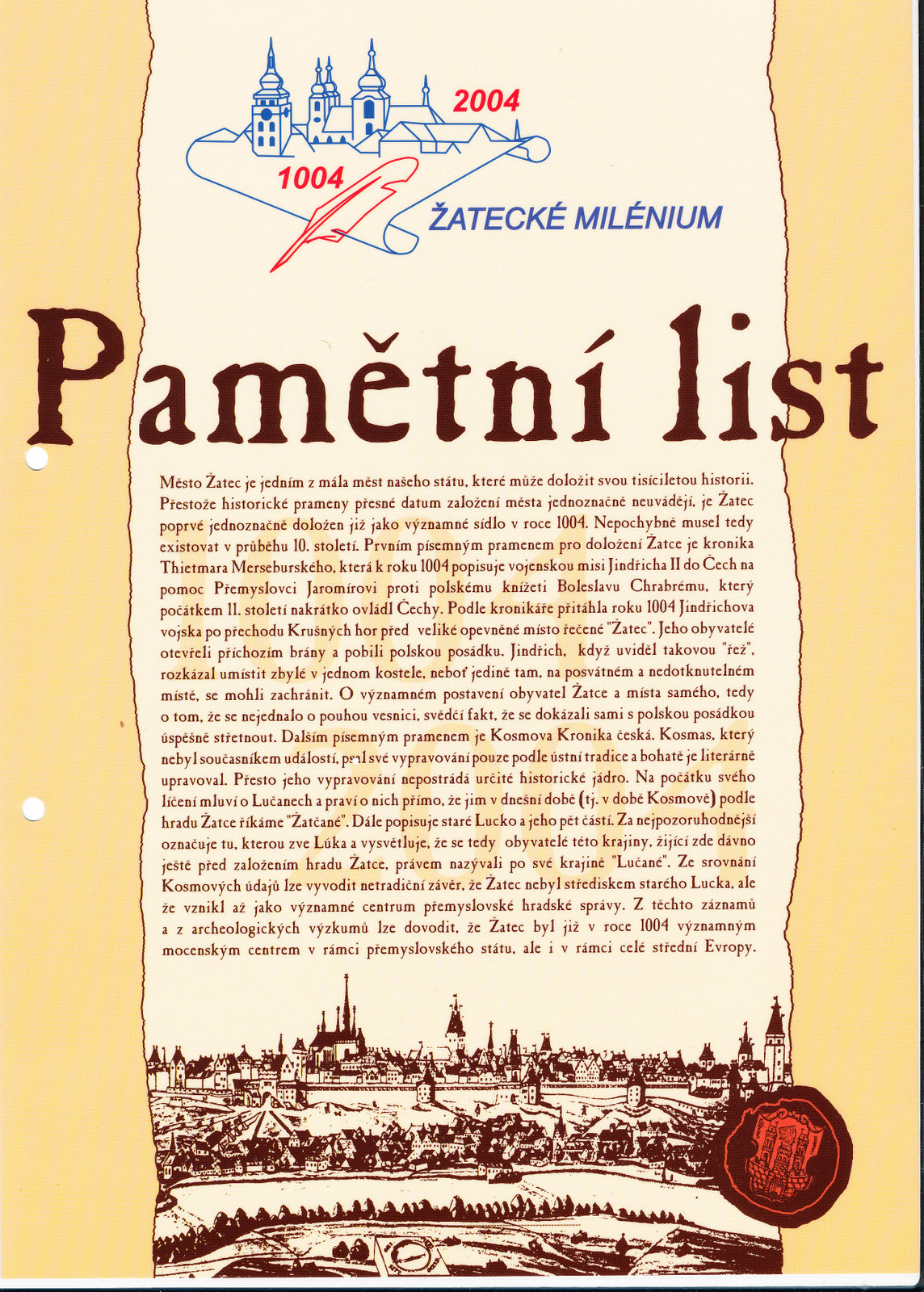 PAMĚTNÍ LIST - ŽATECKÉ MILÉNIUM - 1004 - 2004