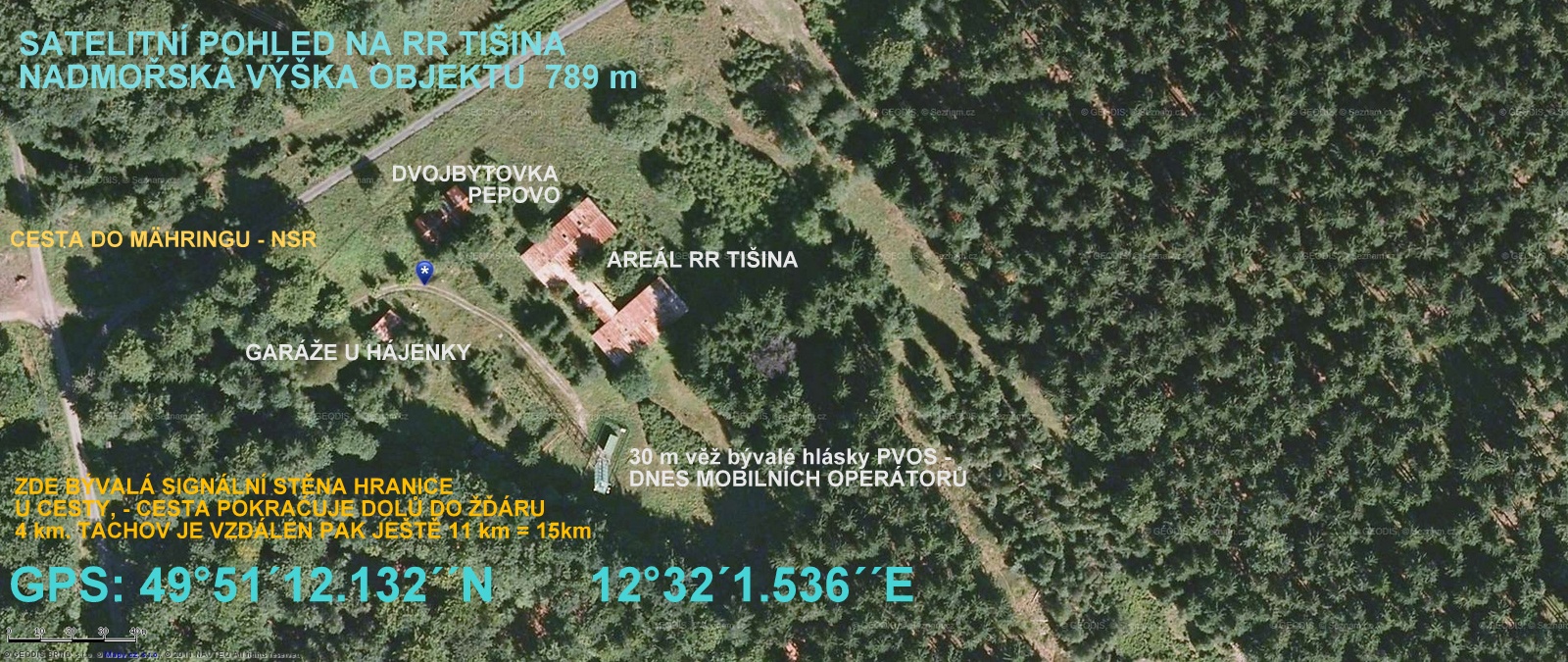 1600 PIXELŮ - SATELITNÍ  MAPA - TIŠINA - DETAIL, - barevné popisky - s bodem modré hvězdičky - 1600 PIXELŮ